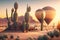 a desert scene with many cacti and hot air balloons.
