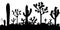 Desert seamless pattern with silhouettes of joshua trees, opuntia, and saguaro cacti.