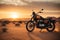 Desert Serenity: Motorbike Silhouetted by a Mesmerizing Sunset