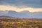 Desert shrub-filled plains in evening light against the backdrop