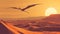 The desert sky is filled with the soaring Pterodactylus its wingspan casting a shadow over the seemingly endless sand
