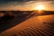 desert sunrise, with the sun peeking over the horizon, casting warm light on endless sand dunes