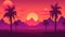 Desert sunset landscape with palm trees and mountains, retro style, 80s. Digital illustration
