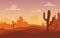 Desert sunset silhouette landscape. Arizona or Mexico western cartoon background with wild cactus, canyon mountain