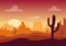 Desert sunset silhouette landscape. Arizona or Mexico western cartoon background with wild cactus, canyon mountain