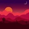 Desert sunset. Vector mexican landscape illustration with cactuses, dunes, rocks, sun and moon