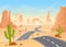 Desert texas landscape. Vector cartoon desert with road, cactuses and rock mountains.