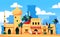 Desert town. Arabian middle east architecture buildings in desert, old street with mud brick sand houses, market and