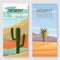 Desert travel vector illutration of two banners set. Wild deserted sands and rocks with cactuses and palms landscape