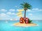 Desert tropical island with palm tree, chaise lounge, suitcase