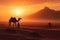 Desert twilight, sandstorm, camel silhouette, sundown allure, captivating landscape