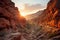 Desert twilight sun glow on canyon textured rock, sunrise and sunset wallpaper