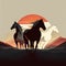 Desert vibes adventure vintage graphic, Wild and free horses standing in front of the sun