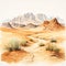 Desert Watercolor Illustration With Hyper Realistic Mountains
