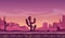 Desert wild cartoon landscape in sunset with cactus, hills and mountains. Game seamless vector background