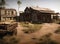 deserted abandoned American wild west or gold rush frontier town with dilapidated wooden buildings and an old cart.