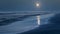 A deserted beach is bathed in the ethereal glow of the luminous moon creating a serene and isolated atmosphere. .