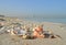 Deserted beach in Dubai with Burj Al Arab in the background and many shells United Arab Emirates