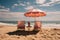 A deserted beach setting with two chairs and an umbrella, beautiful summer photo