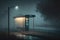 a deserted bus stop in a dark and gloomy night filled with mist, waiting for the next passenger