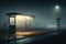 a deserted bus stop in a dark and gloomy night filled with mist, waiting for the next passenger