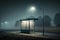 a deserted bus stop, illuminated by a single lamp post in the darkness