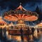 A deserted carnival at night, with empty rides and haunted stalls