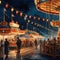 A deserted carnival at night, with empty rides and haunted stalls