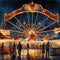 A deserted carnival at night, with empty rides and haunted stalls