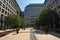 Deserted Columbus Courtyard in Canary Wharf London during the pandemic Covid coronavirus lockdown in 2020