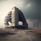 deserted futuristic buildings in city outskirts after apocalyptic catastrophe