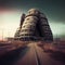 deserted futuristic buildings in city outskirts after apocalyptic catastrophe