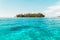 Deserted Island paradise. Travel vacation icon of tropical beach private island motu with palm trees. French Polynesia