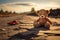 Deserted joy Broken bear toy on a road, a sad background
