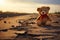 Deserted joy Broken bear toy on a road, a sad background