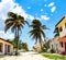 Deserted Mexican dirt road in seaside village with multicolored buildings and tall coconut palms and a coconut laying in the middl