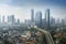 Deserted overpass road with misty skyscrapers