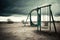 a deserted playground with a broken swing and faded slide on a cloudy day