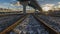 Deserted railway tracks leading to the horizon and  intersecting overpasses