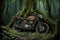 Deserted rusty motorcycle in lush foliage. illustration painting