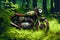 Deserted rusty motorcycle in lush foliage. illustration painting