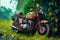 Deserted rusty motorcycle in lush foliage. illustration painting
