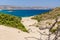Deserted sandy beach leading to a clear, blue ocean Psili Ammos, Crete, Greece