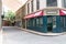 Deserted street with commercial establishments. coffee shop, cinema, convenience store. TV set