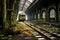 deserted train station platform with rusty tracks and overgrowth