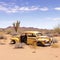 Deserted Yellow Taxi Left to Rust, Cactus Copy Space Wide