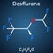 Desflurane molecule. It is organofluorine compound, inhalation anaesthetic. Structural chemical formula on the dark blue