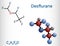 Desflurane molecule. It is organofluorine compound, inhalation anaesthetic. Structural chemical formula and molecule model