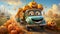 Design an animated scene where pumpkin-shaped trucks, complete with googly eyes and quirky expressions, navigate a bumpy road