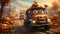 Design an animated scene where pumpkin-shaped trucks, complete with googly eyes and quirky expressions, navigate a bumpy road